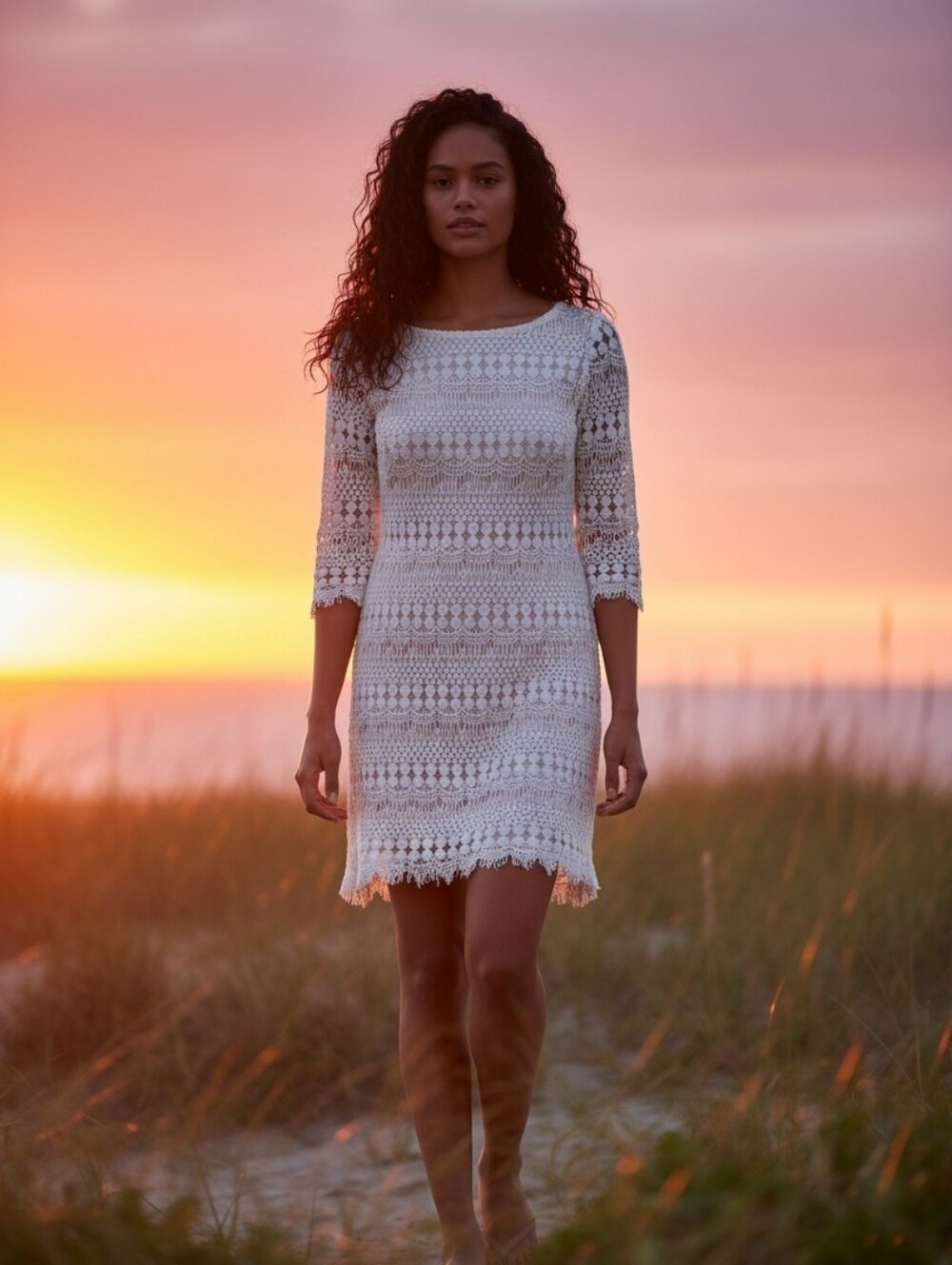 Lace Crochet Sheath Dress in Cream — Women’s 3/4 Sleeve.